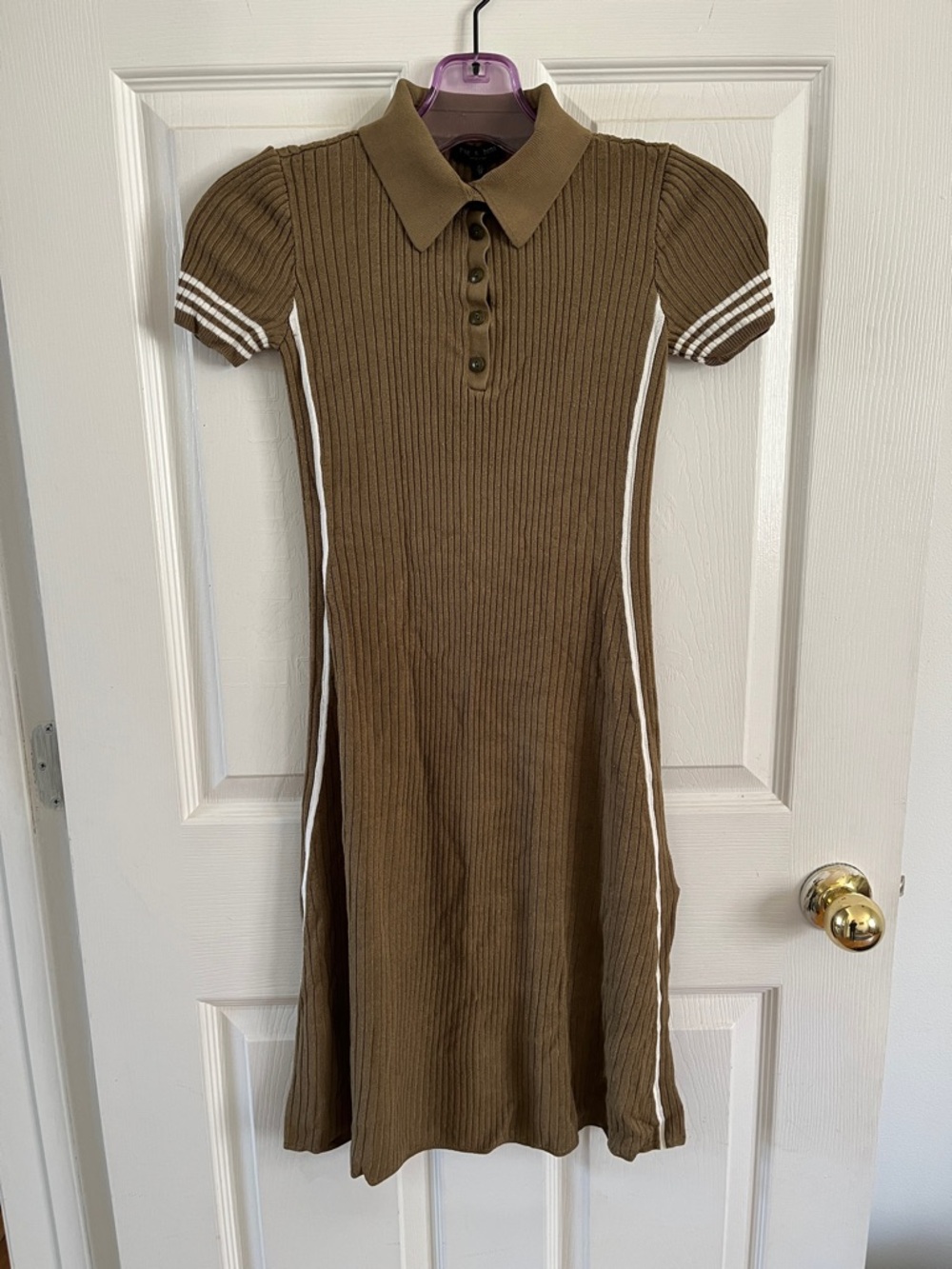 rag & bone Olive Ribbed Polo Midi Dress with White Stripe Trim